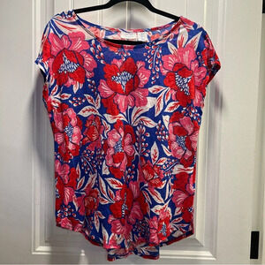 Sigrid Olsen 100% Linen Red‎ Blue Floral Design Blouse. Size Large.